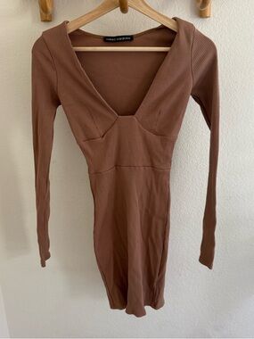 Naked Wardrobe brown ribbed V-neck long sleeve mini dress Size S made in USA